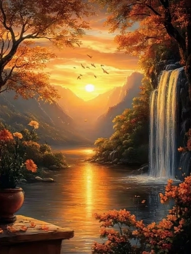 Pictură cu diamante Norimpex – cascadă la apus 30 × 40 cm
