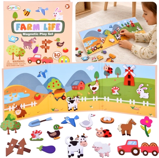 Puzzle magnetic cu fermă și animale – tablă magnetică pliabilă și 30 de magneți