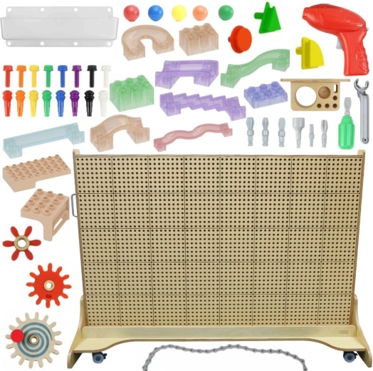 Perete STEM independent Masterkidz cu accesorii, pini, tăvi, cuburi și unelte