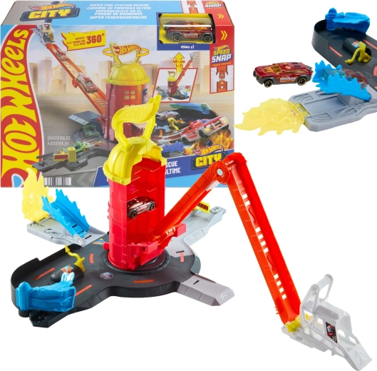 Hot Wheels City super stație de pompieri cu mașinuță metalică