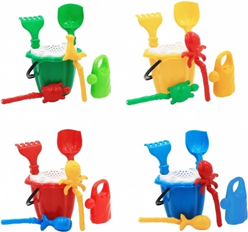Set multifuncțional pentru nisip cu găletușă, lopățică, grebluță, stropitoare și forme