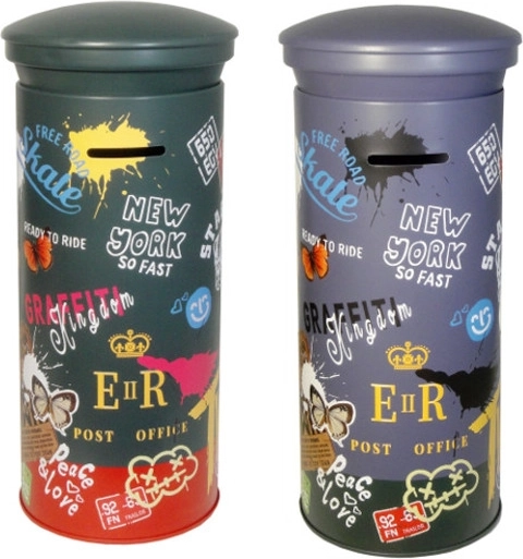 pușculiță metalică colorată pentru copii cu motiv urban