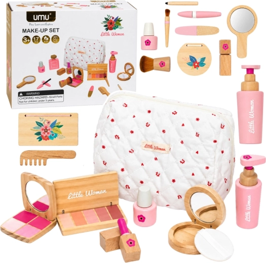 Set cosmetic din lemn pentru copii cu gentuță cosmetică albă, 17 piese