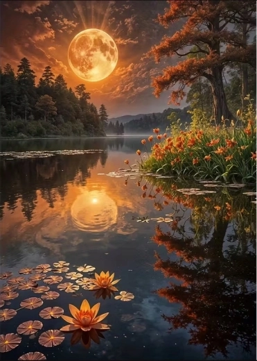 Pictură cu diamante Lună plină deasupra lacului 30 × 40 cm