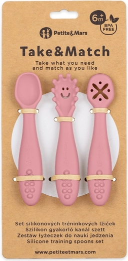 Petite&Mars lingurițe de antrenament din silicon Take&Match dusty rose 3 buc 6m+