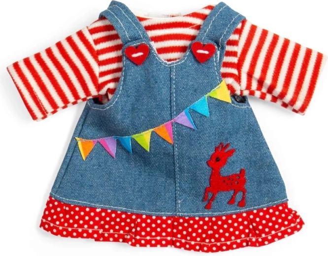 Bigjigs Toys rochie din denim cu salopetă (cu pieptar) și tricou în dungi pentru păpușă 28 cm