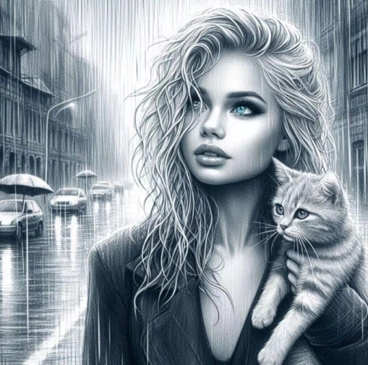 Pictură cu diamante Femeie cu ochi albaștri și pisică 30 × 40 cm