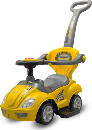 Împingător pentru copii cu tijă de ghidare 3în1 BABY MIX Mega Car – galben