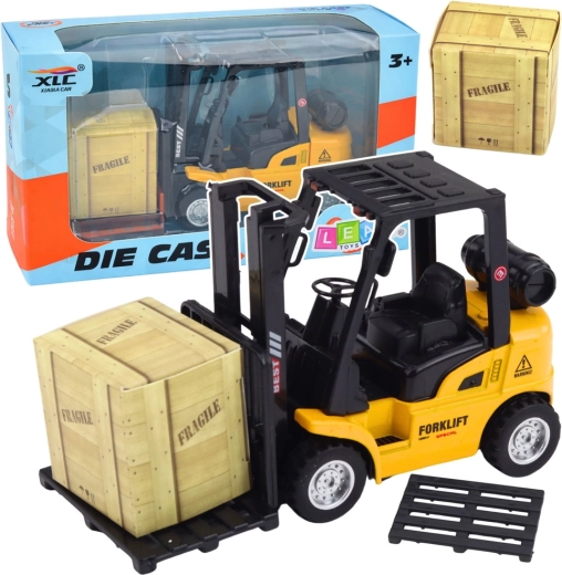 Stivuitor metalic cu mecanism pull-back, paletă și ladă – galben