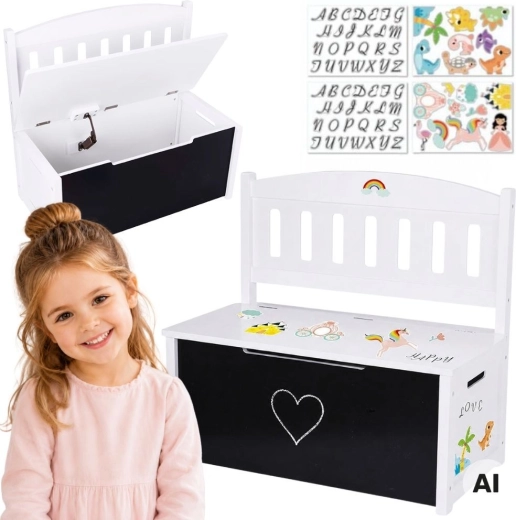 Tooky Toy ladă din lemn pentru jucării 3 în 1 cu băncuță și tablă de desen