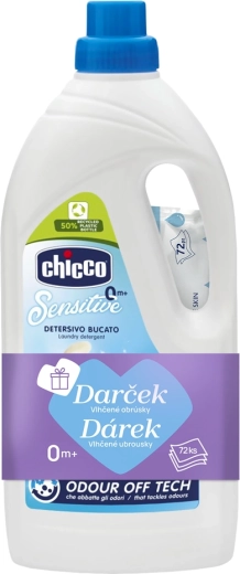 Chicco gel de rufe Baby Sensitive 1,5 l + șervețele umede 72 buc. gratuit