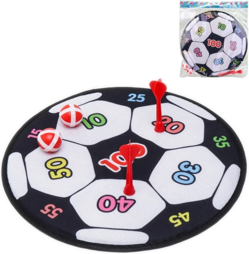 Țintă din material textil cu arici, cu motiv fotbalistic, cu săgeți și mingi