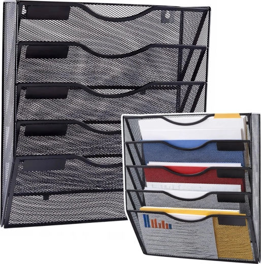 Organizator de perete din metal pentru documente A4, 5 compartimente, negru
