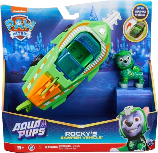 Patrula Cățelușilor vehicule Aqua cu figurină Rocky