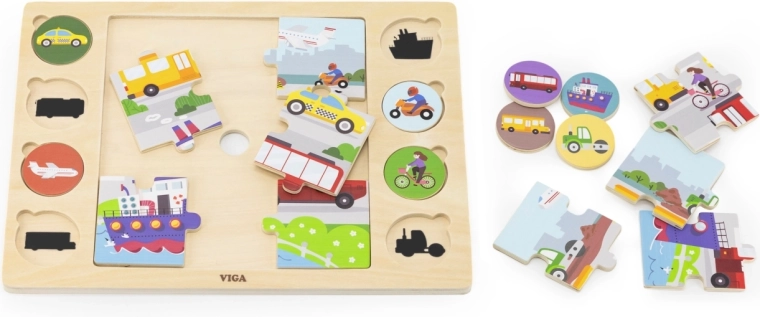 Puzzle din lemn Viga cu asocierea umbrelor – mijloace de transport