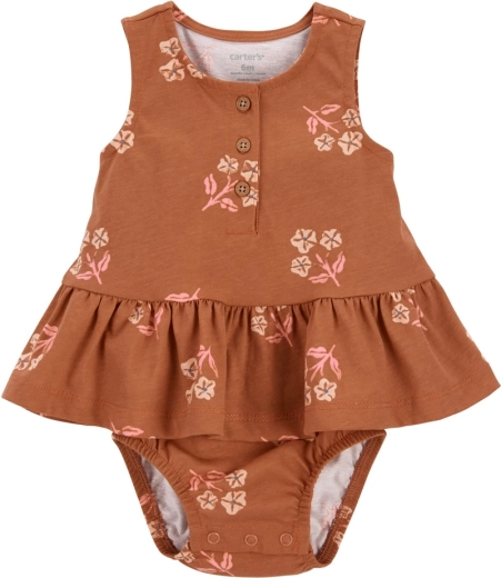 Body de fetițe Carter's fără mâneci, cu volănaș, Brown Flowers (mărimea NB)