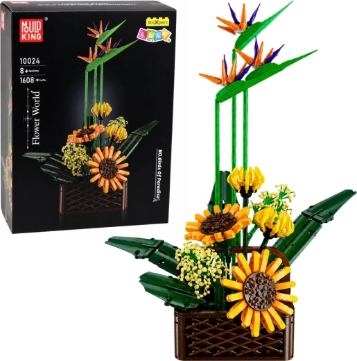 Set de construcție – compoziție florală cu strelitzie și floarea-soarelui în ghiveci, 1608 piese