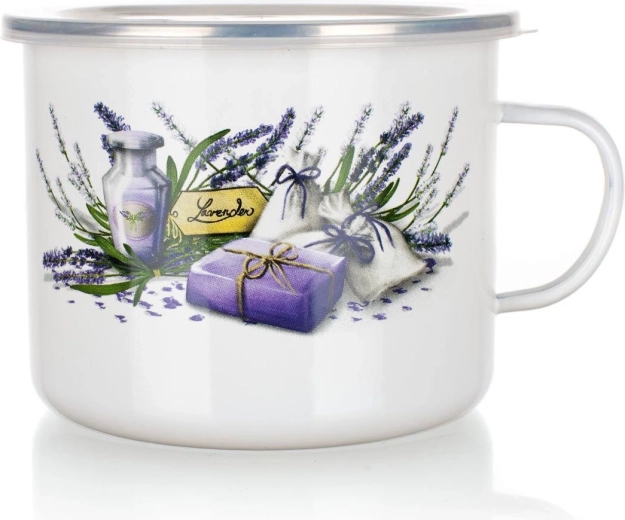 Cană emailată Lavender 1,4 l cu capac din plastic, diametru 14 cm