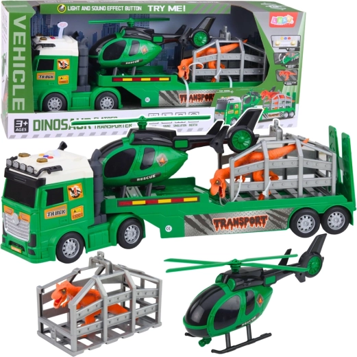 Set de transport pentru copii cu cap tractor, elicopter și cușcă pentru dinozaur cu lumini și sunete