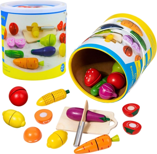 Set din lemn cu fructe și legume de tăiat, cu tocător, cuțit și găletușă