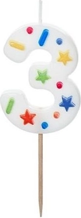 Lumânare aniversară cifra 3 albă cu confetti 5,5 cm
