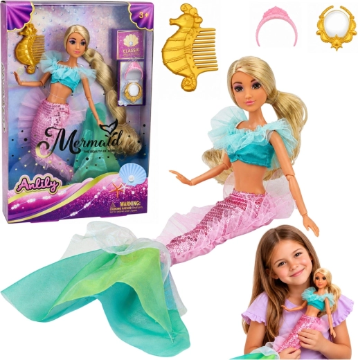Păpușă sirenă Anlily 30 cm cu coadă sclipitoare și accesorii