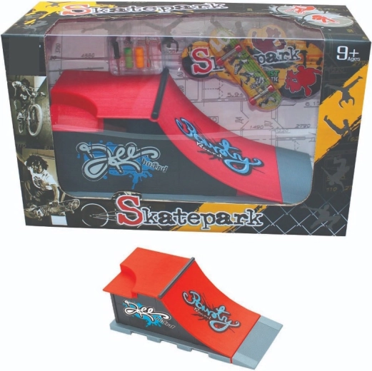 Set skatepark cu rampă înclinată, rail și fingerboard
