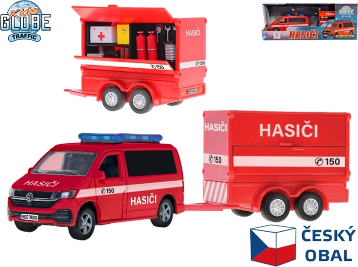 Kids Globe Traffic autoutilitară de pompieri Volkswagen cu remorcă, design cehesc