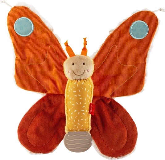 Jucărie de atașament (comforter) fluturaș din pluș 28 cm cu element foșnitor și inel de dentiție Sigikid