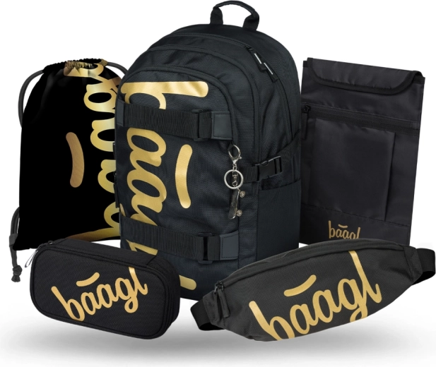 Set școlar Baagl Skate Gold – rucsac, penar, săculeț, borsetă și husă pentru laptop