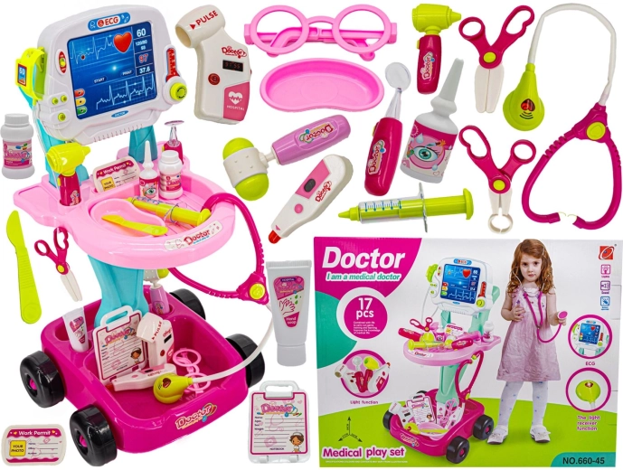 Cărucior medical pentru copii cu accesorii, roz