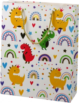 Pungă cadou dinozauri multicolori cu curcubeu 32 × 26 × 10 cm