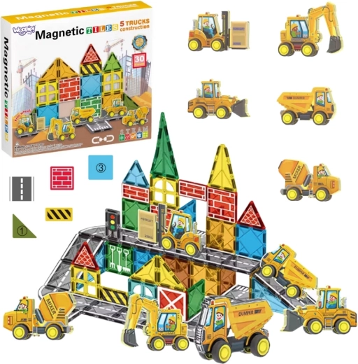 Set de construcție magnetic Woopie cu vehicule de construcție