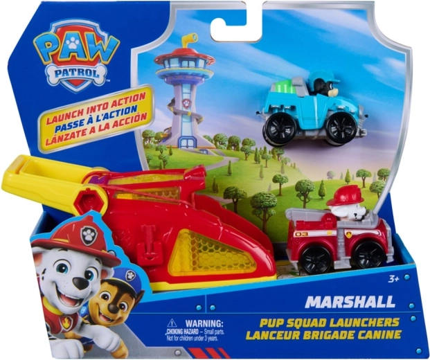 Patrula Cățelușilor set cu lansator Marshall – pachet dublu de mașinuțe de curse