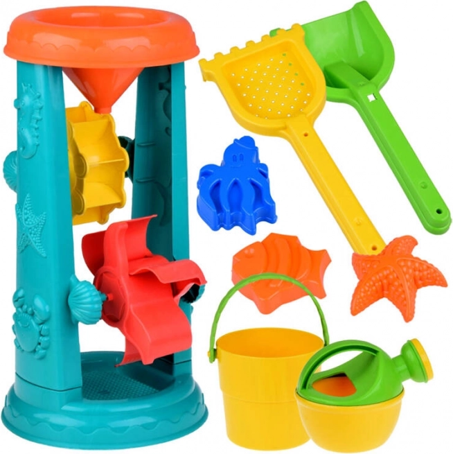 Set mare de jucării de nisip cu găleată, greblă și roată de apă