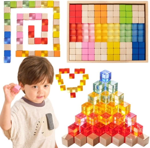 VIGA cuburi colorate cu efecte de lumină, din acril și lemn, 108 piese