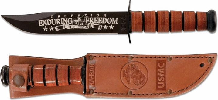 Cuțit militar comemorativ Ka-Bar U.S.M.C. OEF Afghanistan 17,8 cm, negru, mâner din piele, teacă din piele