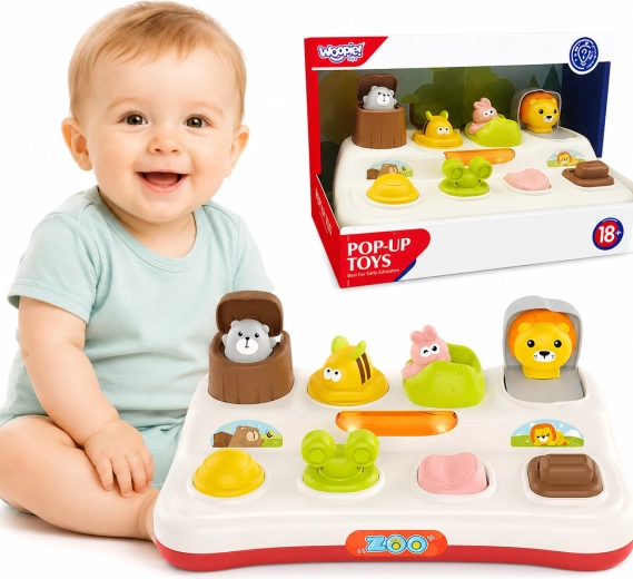 Jucărie educativă pentru bebeluși WOOPIE Baby Pop Up cu animăluțe de la grădina zoologică