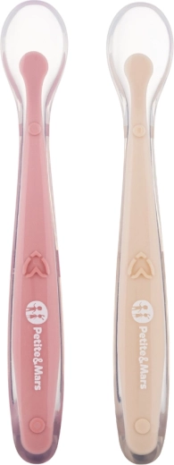 Petite&Mars lingurițe din silicon cu husă, set 2 buc., Take&Match Sand/Rose 6m+
