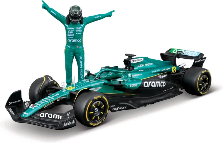 Model Bburago Formula 1 Aston Martin AMR25 2025 Lance Stroll (numărul 18) 1:24 cu figurina pilotului