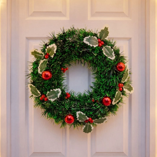 Coroană de Crăciun cu ilex și globuri decorative, 40 cm