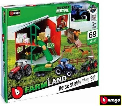 Bburago Farmland set de joacă grajd cu cai și tractor assort - 1 bucată