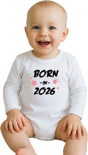 Body din bumbac pentru copii cu imprimeu New Baby Born in 2026, roz, mânecă lungă