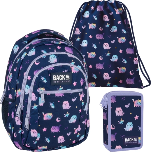 Set școlar BackUP Violet Kittens 3în1 – rucsac, penar echipat și sac