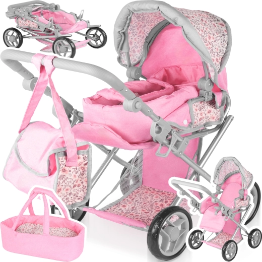 Cărucior pentru păpuși 3în1 Pink Flowers