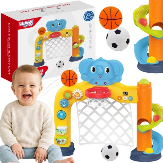Woopie baby centru sportiv interactiv 2în1 – poartă și coș de baschet cu elefănțel