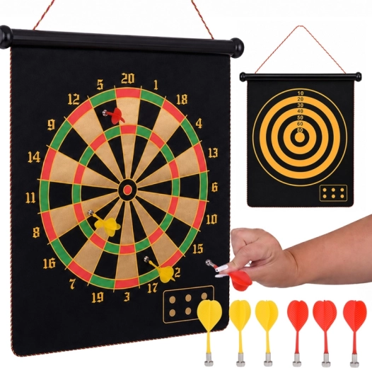 Țintă magnetică de darts, față-verso, cu 6 săgeți magnetice