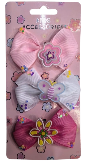 Pink set de agrafe de păr cu funde și flori – 3 buc