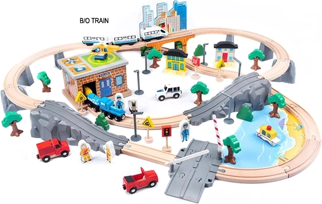 Circuit feroviar din lemn cu baterie, 95 de piese