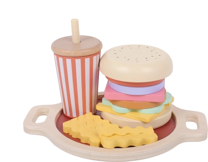 2Kids Toys jucărie din lemn de înșiruit fast food (hamburger, cartofi prăjiți și băutură)